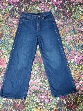 GAP factory denim blue high rise, wide-leg jeans with studded sides, size 4/27 r